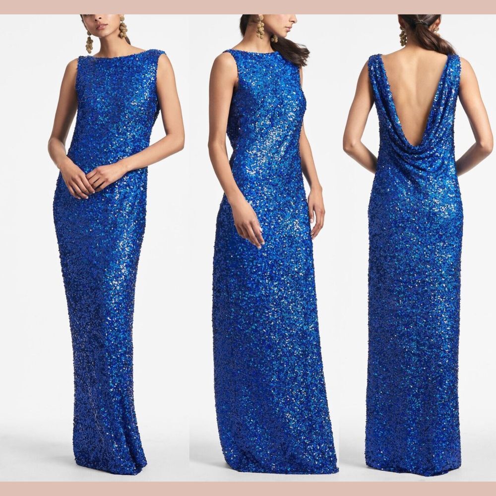NWT $750 Sachin & Babi‎ [ 0 ] Mariah Open-Back Sequin Gown Cobalt Blue